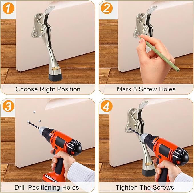 Kickdown Door Stopper 4 Inches - 4 Packs One Touch Adjustable Height Door Stop for The Bottom of Door Aluminum Alloy Metal Door Stopper with Rubber Tip & Wall Protectors for Wide Doors Satin Nickel