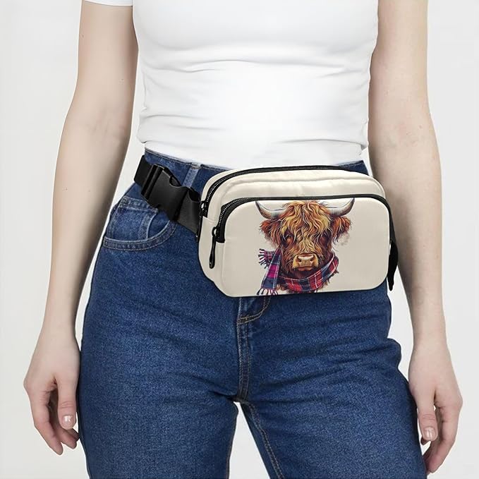 Scottish Highland Cow with Plaid Scarf Fanny Pack for Women Men Water Resistant Fashion Waist Packs with Adjustable Strap Belt Bag for Travel Workout Jogging Hiking 21218522
