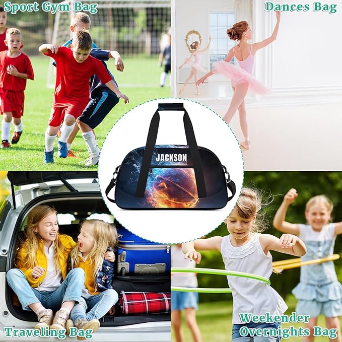 Custom Flame Basketball Gym Duffel for Kids Boys,Personalized Duffel Bag Overnight Bags for Travel Weekender Practice Sports