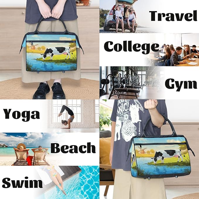 Travel Duffel Bag, Cute Farm Cow Waterproof Sports Gym Duffle Bag, Large Capacity Weekender Carry On Overnight Bags for Women Men