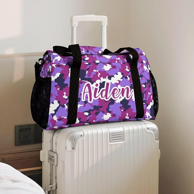 Handheld Crossbody Multifunctional Travel Bags, Personalized Duffle Bags, Camouflage Purple Fuchsia Camo Pattern Luggage Bag, Custom Weekender Overnight Bags