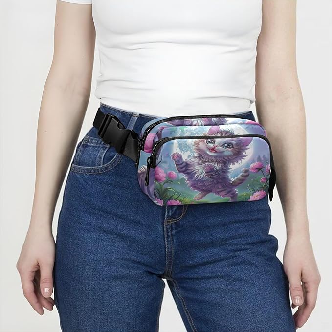 Cute Cat Flower Moonlight Fanny Pack for Women Men Water Resistant Fashion Waist Packs with Adjustable Strap Belt Bag for Travel Workout Jogging Hiking 21220557