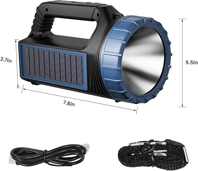 Solar Flashlight,Solar Powered Flashlight for Multi Function 8000 Lumens with Emergency,Portable Bright Camping Rechargeable Flashlights for Home, Outdoor Hiking, Power Outages