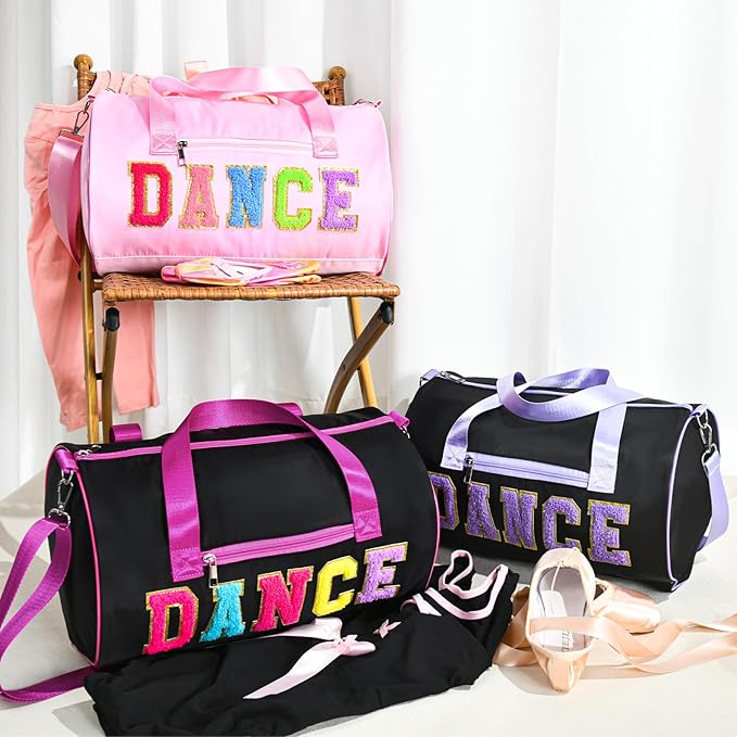 Dance Bag for Girls, KUIRAN 23L Waterproof Travel Duffel Bag with Colorful Chenille Letter, Lightweight Small Gym Sport Ballet Bag Weekender Bag with Large Main Compartment - Black/Purple