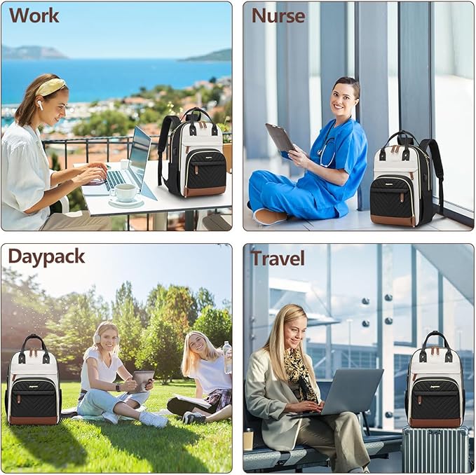 Laptop Backpack for Women College Bookbag - 17.3 Inch Fashion Travel Work Bag with USB Charger Anti-theft Business Backpacks for Nurse Teacher Beige Black Brown
