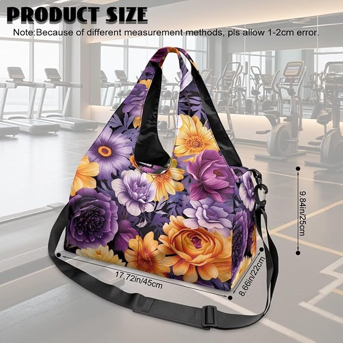 Purple Floral Womens Gym Bag with Shoe Compartment Lightweight Overnight Weekender Duffel Bag for Travel Sports Fitness Workout Yoga Mat Holder Organizer
