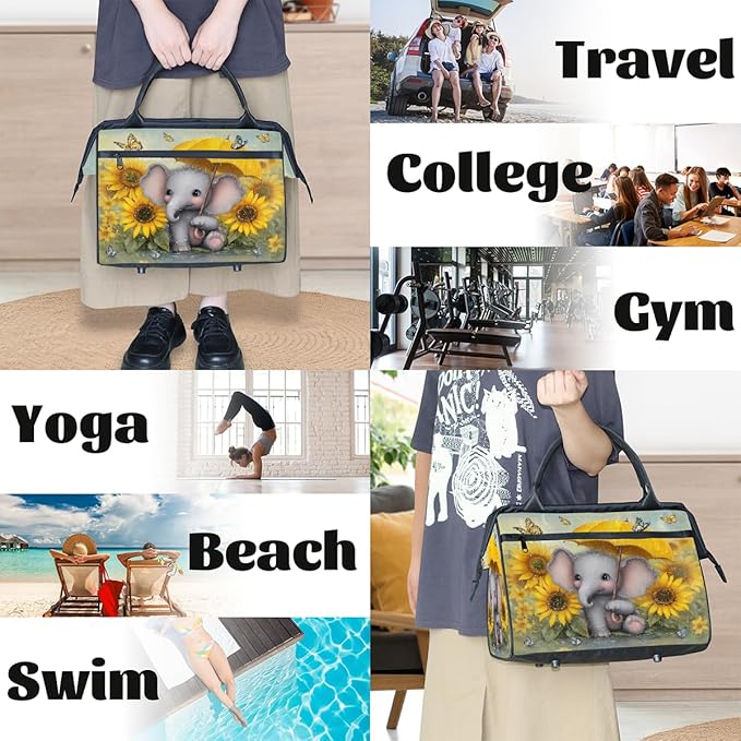 Cute Elephant Umbrella Sunflower Overnight Weekender Bags for Women Men, Waterproof Travel Carry On Duffel Bag, Lightweight Sports Gym Bag for Fitness, Workout, Travel