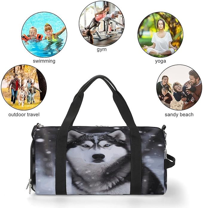 Oxford Cloth Husky In Snow Dog Gym Bag,Duffle Bag with Shoes Compartment And Adjustable Shoulder Straps,Weekender Bags for Men Women.