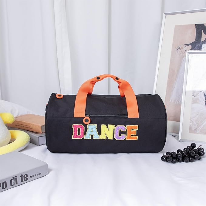 Girls Dance Duffle Bag with Chenille Patch,Cute 16.5" Ballet, Cheer, Gymnastics Class Bag for Kids, Toddler Girls,Teens,Large Capacity Overnight Travel Bag (Black)