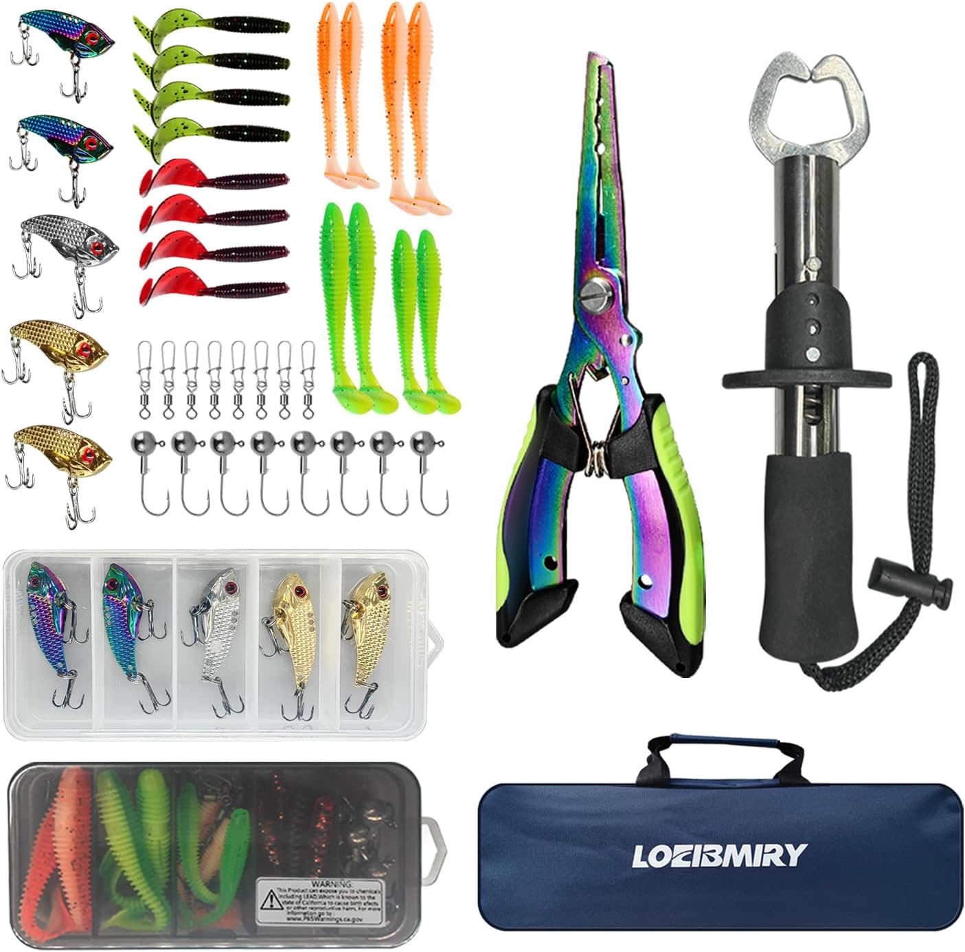 Fishing Rod Reel Set, 2PCS 2.1m/6.89ft Collapsible Fishing Rods + 2PCS Spinning Reels + Fishing Lures Hooks + Carrier Bag + Fishing Pliers Fish Lip Gripper for Travel Saltwater Freshwater Beginner