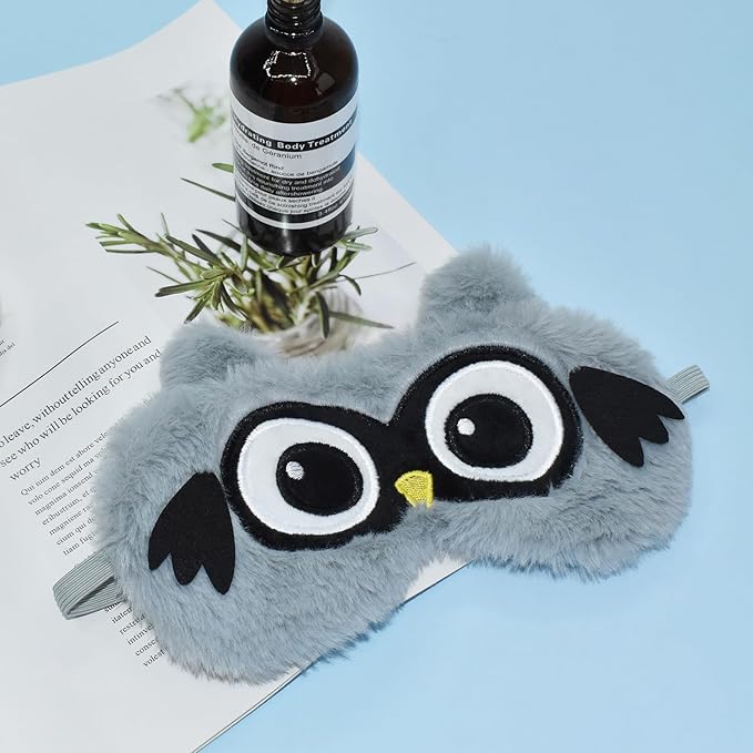 Cute Owl Plush Sleep Mask - Soft Fluffy Eye Cover Blindfold for Kids, Girls and Adults - Gray