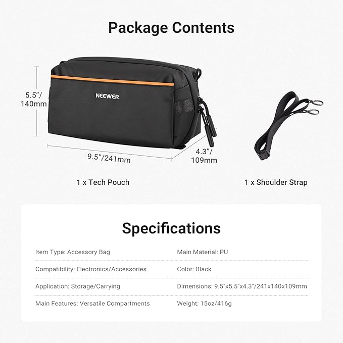 NEEWER Tech Pouch, Splashproof Tech Organizer Storage Case Travel Carry Bag with Multi Compartments Shoulder Strap for Electronics Photography Accessories SD Card Battery Cable Cord Charger, PB024