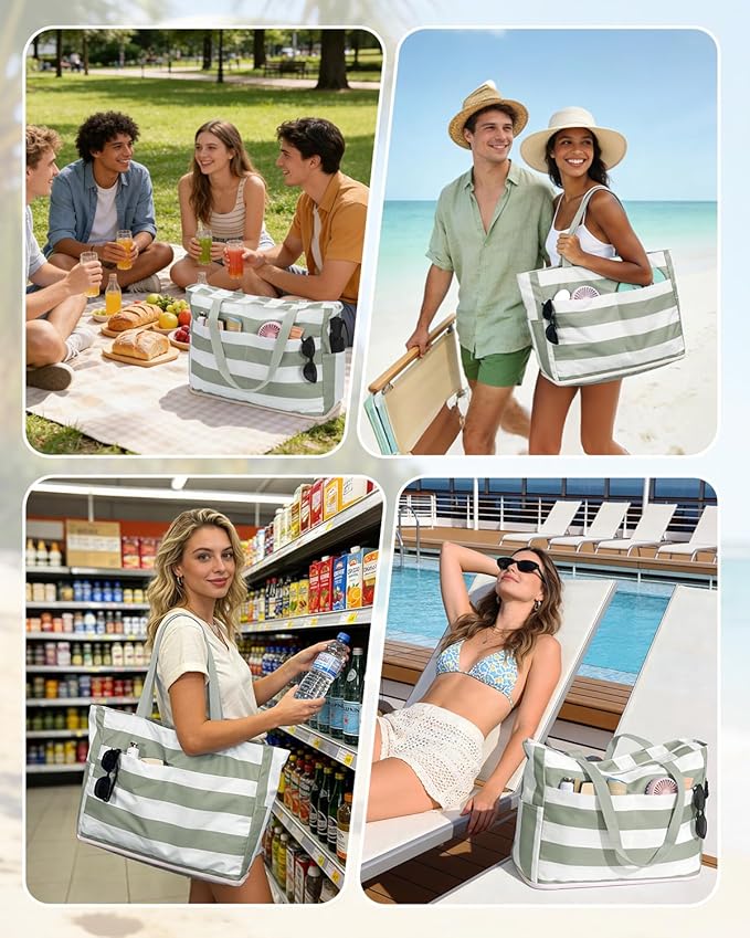 WANDF Beach Bags for Women, Large Waterproof Sandproof Beach Tote Bag with Zipper Family Pool Bags with 40oz Tumbler Pocket, Swim Cruise Vacation Essentials (Green) | 40oz Tumbler Pocket