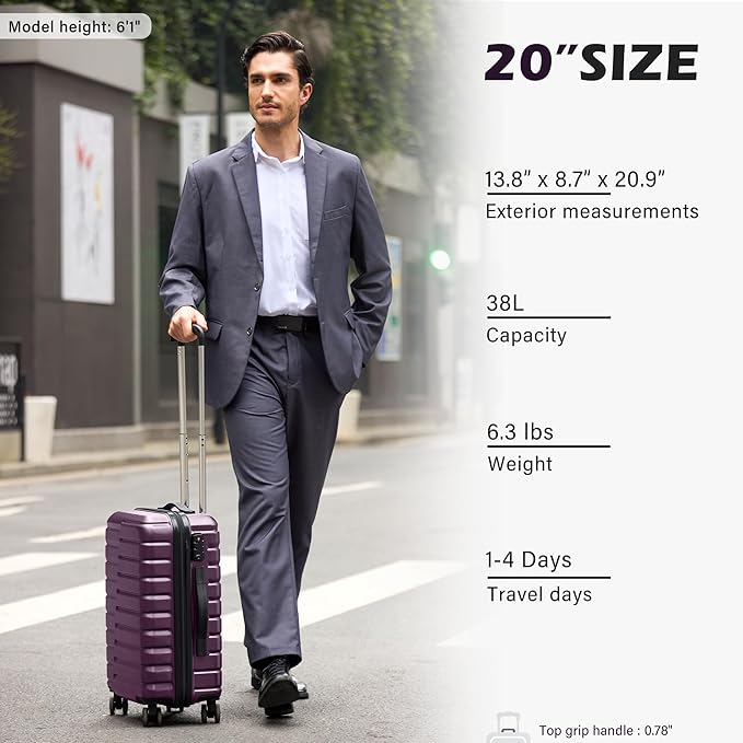 Coolife 20-Inch Small Carry on Hardside PC+ABS Spinner TSA Lock Telescopic Luggage Handle(20in-purple)