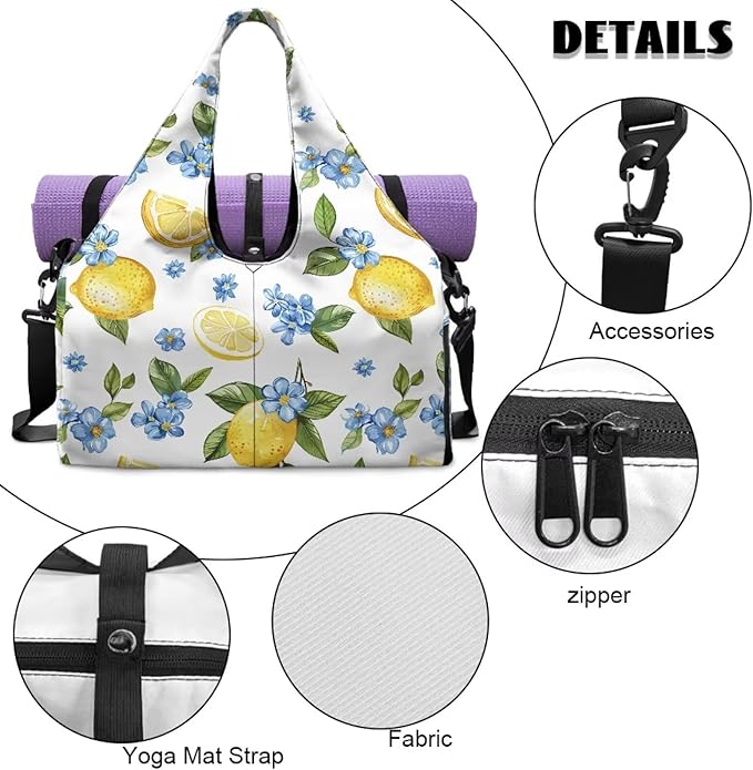 Gym Bag Women Lemon Duffel Bag with Wet Pocket, Shoes Compartment, Double Zipper, Small Duffle Bag Lightweight Breathable Waterproof Overnight Bag