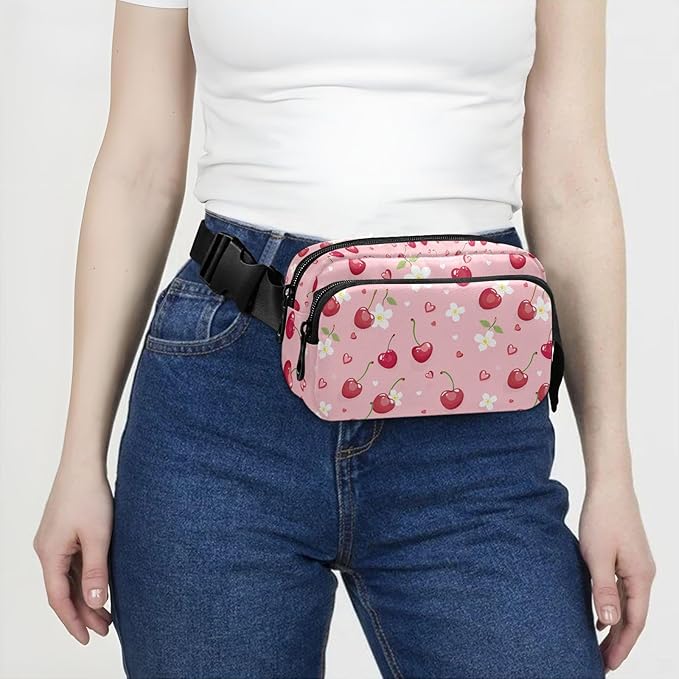 Kawaii Cherries White Flowers Fanny Pack for Women Men Water Resistant Fashion Waist Packs with Adjustable Strap Belt Bag for Travel Workout Jogging Hiking 21219483