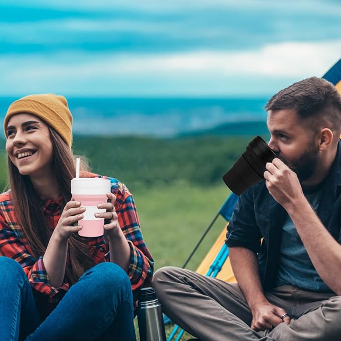 12 OZ Collapsible Travel Cup with Lid, Silicone Foldable Drinking Cup for Camping Hiking,Portable Silicone Water Bottle for Hot and Cold Beverages with Straw- Pink & White