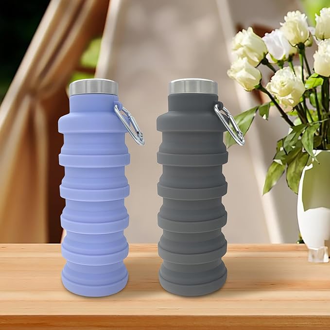YCT Collapsible Water Bottle 17oz(500ml),Travel Portable Sport Water Bottle,Reusable Silicone Foldable Water Bottles for Gym Camping Hiking (Black+Blue)