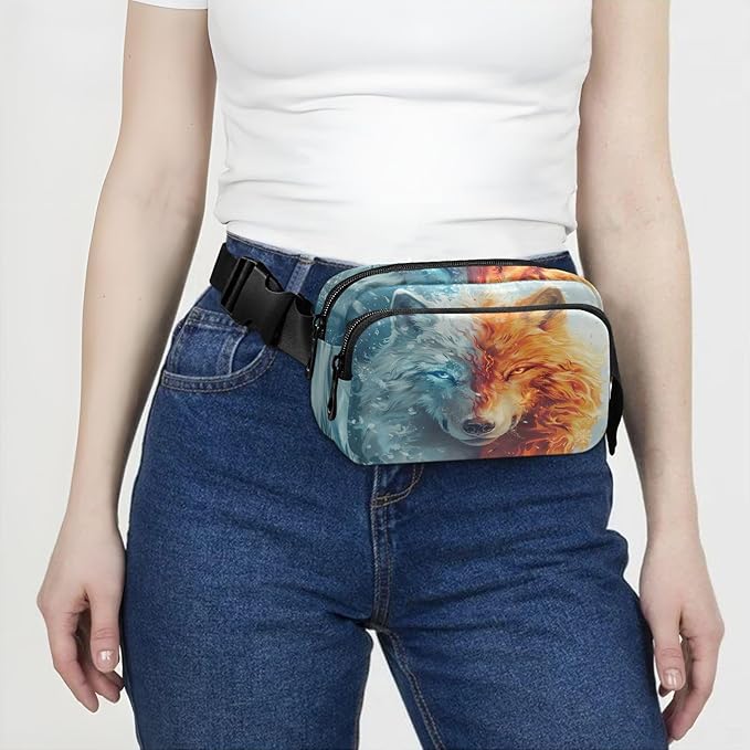 Fire Ice Wolf Fanny Pack for Women Men Water Resistant Fashion Waist Packs with Adjustable Strap Belt Bag for Travel Workout Jogging Hiking 21220210