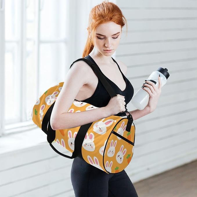 Sports Duffel Bag Easter Orange Gym Bags for Women Men Round Travel Weekender Overnight Duffel Bag Rabbits Carrots