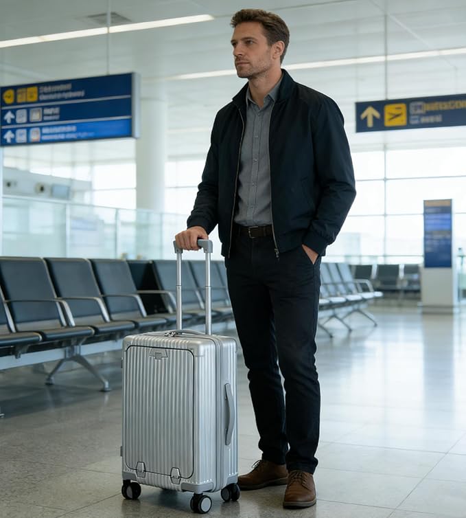 feilario 20in Hardside Spinner Wheel Luggage with Zipper Closure, Built-In TSA lock Carry on Suitcase, with Cup Holder & USB Port & Phone Holder White(with zipper closure, 20in)