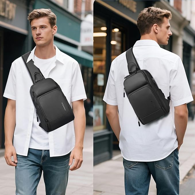 Men's Sling Bag, Convertible Anti Theft Sling Backpack, 11" One Shoulder Crossbody Backpack with USB Charging Port for Working Travel Daily, Black