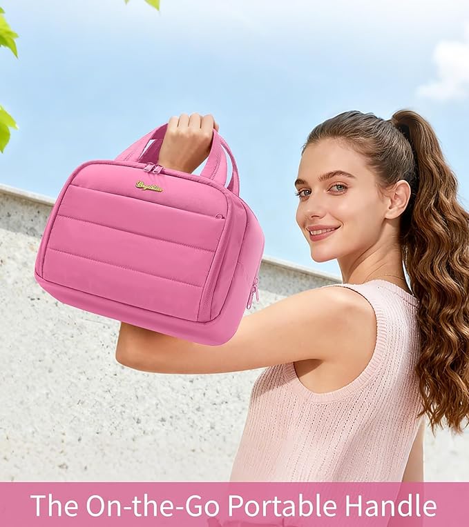Travel Toiletry Bag for Women, Lightweight Large Quilted Puffy Makeup Bag Wide-open Make up Organizer Cloud Cosmetic Bag w/Handle for Traveling, Toiletries Essentials Accessories Rose Pink