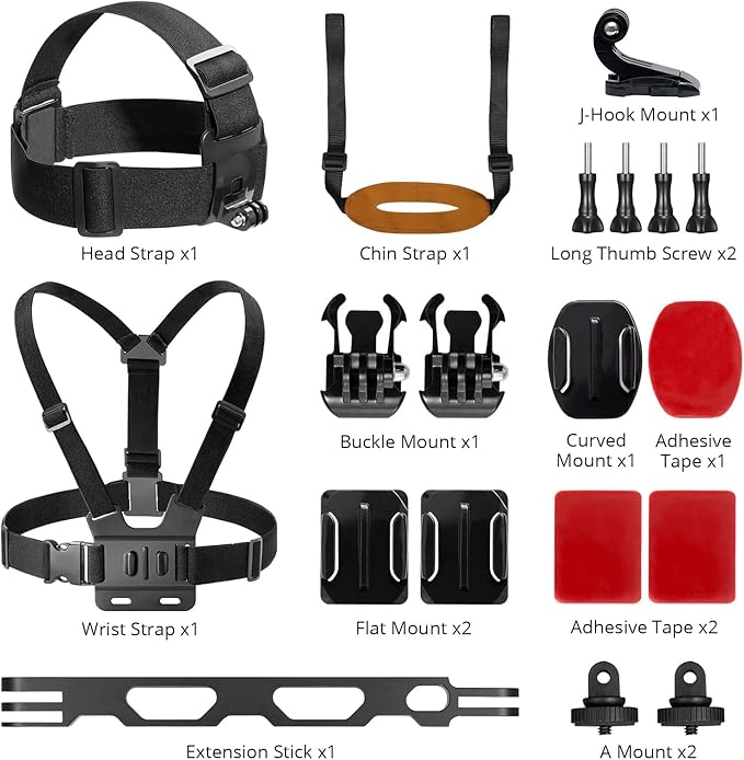 AKASO Action Camera Accessories Kit with Chest Strap & Head Strap Compatible EK7000/EK7000 Pro/Brave 4/Brave 4 Pro/Brave 7 LE/Brave 7/Brave 8/V50X/GoPro Hero 13 12 11 10 9/DJI Action Camera