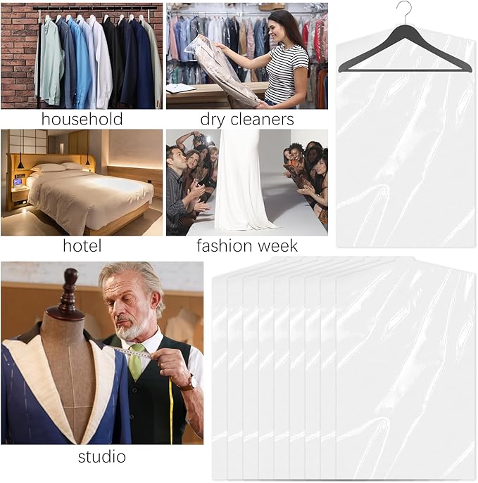 MIDELONG 10Pcs (24 x 36 In) Clear Plastic Clothes Covers, Dry Cleaners Bags Hanging Dust-proof Clothing Protector Covers Garment Bags for Home Storage Clothing Stores Dry Cleaning