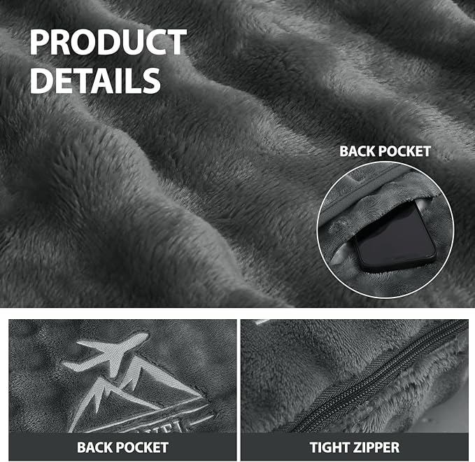 Travel Blanket and Pillow-2-in-1, Ultra-Soft&Compact, Airplane Blanket with Hand Luggage Belt and Backpack Clip,Travelers Accessories Gifts, 61x43 Inches(Dark Gray)