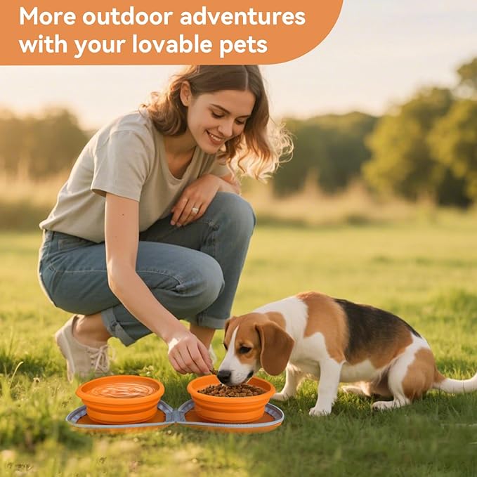 Collapsible 2-in-1 Dog Bowls: Leakproof Double Silicone Food & Water Bowl for Travel, Camping, Hiking - Portable Cat & Dog Feeding Supplies (Brown)