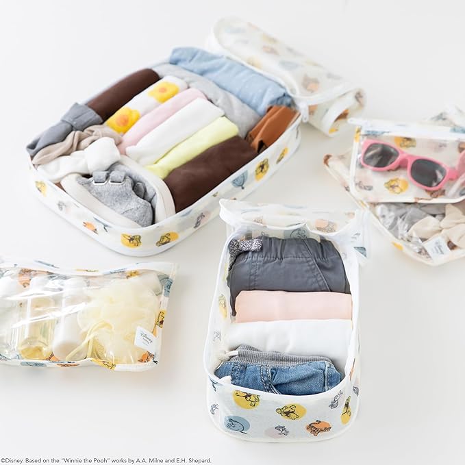 Bumkins Disney Packing Cubes and TSA Approved Pouches for Travel Bag, Organize Luggage with Compression Bags, Essential Traveling Accessories to Pack Clothes, Toiletries, Carryon, 5-pc Winnie the Pooh