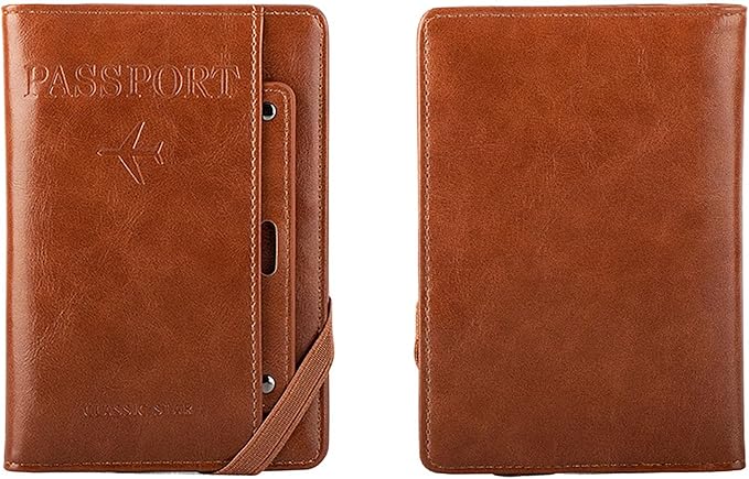 Genuine Leather Passport Holder Cover - RFID Blocking Travel Wallet & Passport Case with Pen Holder, Dual SIM Card Slots & Boarding Pass Pocket for Men & Women,Family Travel Essentials, Retro Style