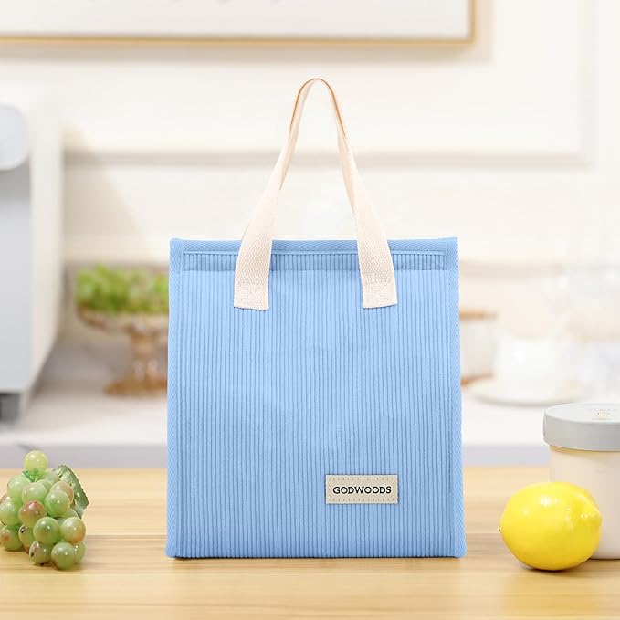 TELLUMO Corduroy Lunch Bag for Women Men Cute Lunch Bag Insulated Lunch Box with Large Capacity (7.5L) Reusable Lunchbag for Work, Picnic, Beach or Travel (S- Corduroy Blue)