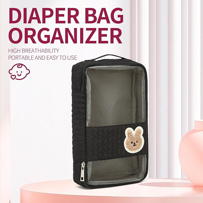 Diaper Bag Organizer Pouches - 2 Pack, small diaper bag Mini Purse, Travel Baby Bag for boys & Girls, Pink - Black