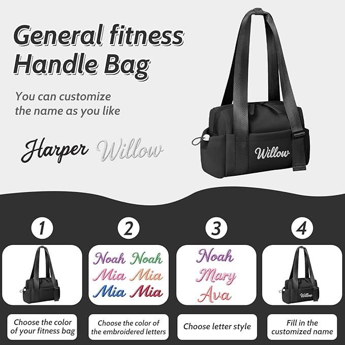 Personalized Mini Gym Bag for Women, Custom Embroidered Name Yoga Tote, Waterproof PU Fitness Duffle with Wet Compartment (black duffle bag)