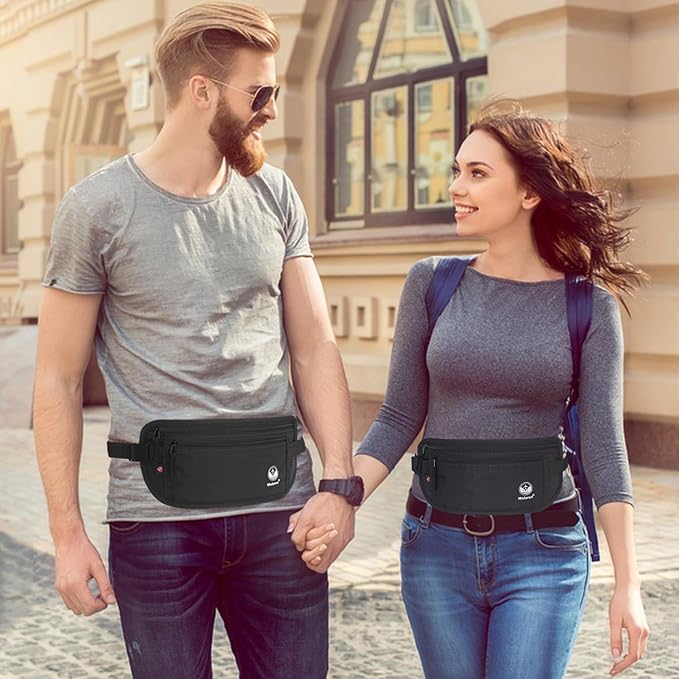 Travel Money Belt - Slim Passport Holder Secure Hidden Travel Pouch with RFID Blocking, Travel Wallet Fanny Pack Belt Bag - Black