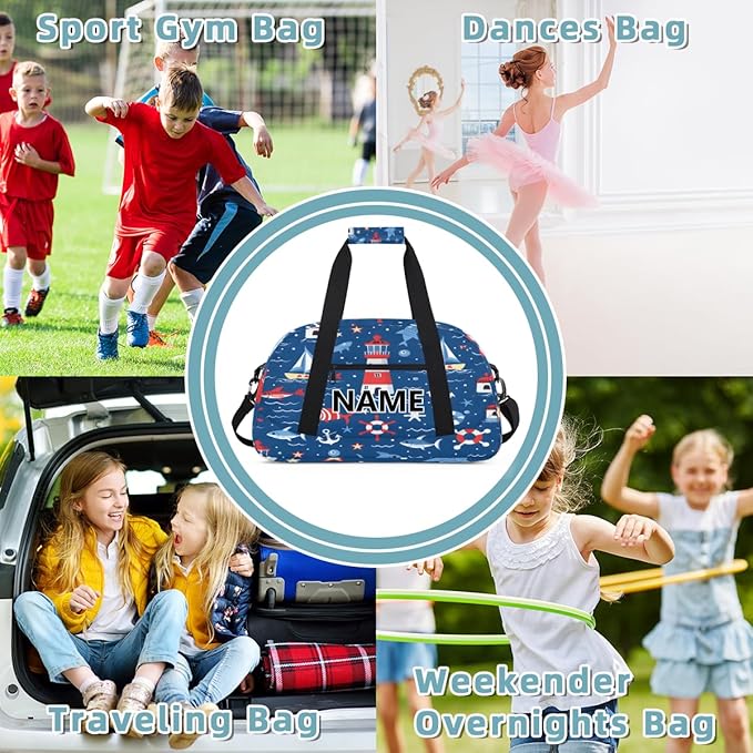 Nautical Coastal Mini Gym Bag 18 inch for Women Men Waterproof Custom Fish Ship Lighthouse Travel Duffel Bag Carry On Overnight Tote Nurse Bag for Work Fitness Hiking
