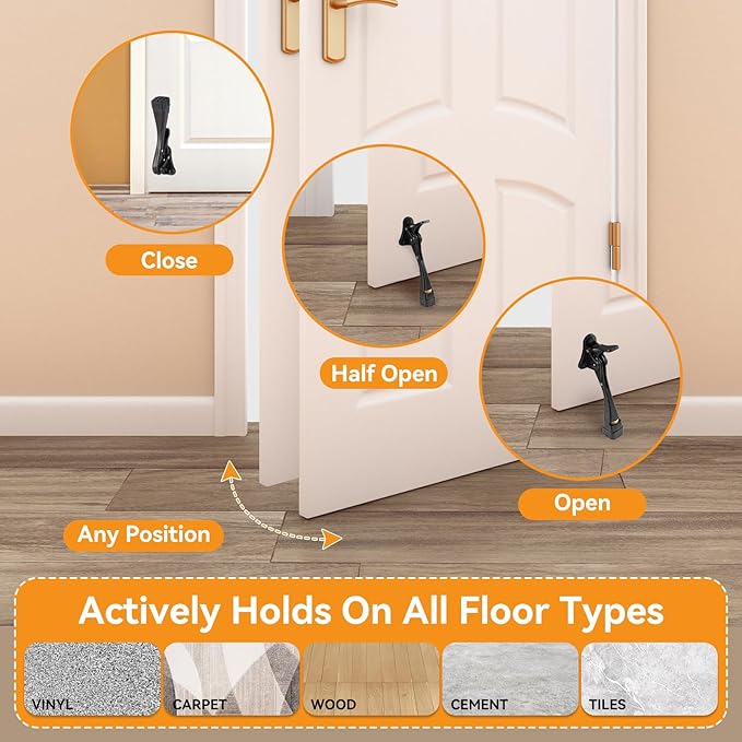 Kickdown Door Stopper 5 Inches - 2 Packs One Touch Adjustable Height Door Stop for The Bottom of Door Aluminum Alloy Metal Door Stopper with Rubber Tip & Wall Protectors for Wide Doors Black