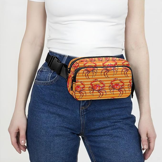 Red Crabs on Orange Stripe Fanny Pack for Women Men Water Resistant Fashion Waist Packs with Adjustable Strap Belt Bag for Travel Workout Jogging Hiking 21219150