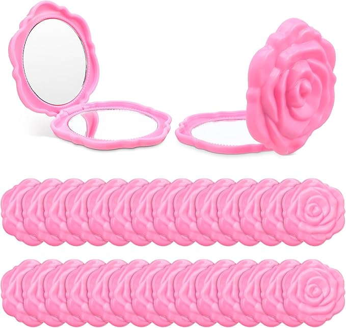 30 Pcs Pink Compact Mirror Bulk Plastic Portable Foldable Rose Flower Shaped Makeup Mirror Handheld Pocket for Women Girls Bridesmaids Travel Wedding Tea Party