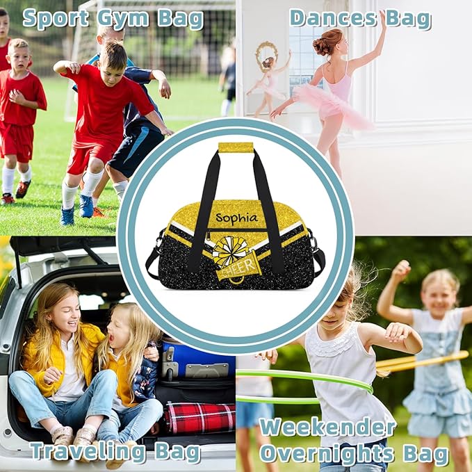 Personalized Gold Glitter Cheer Bag for Cheerleaders, Custom Sport Gym Bag Dance Bag Travel Duffle Bag Cheerleading Gifts for Women
