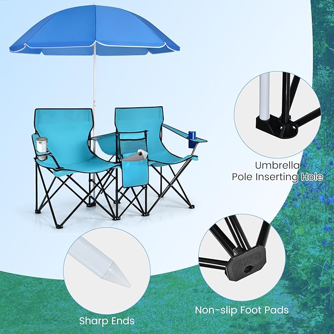 KOTEK Double Camping Chair, Folding Camp Chair with Removable Umbrella, Cup Holders, Cooler Bag, Side Pocket & Carry Bag, 2-Person Beach Chair for Outdoor, Sports, Concerts, Travel, Picnic (Turquoise)