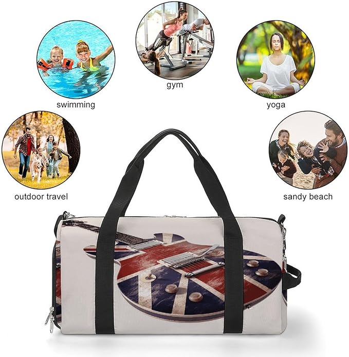 Oxford Cloth Guitar British Flag Gym Bag,Duffle Bag with Shoes Compartment And Adjustable Shoulder Straps,Weekender Bags for Men Women.
