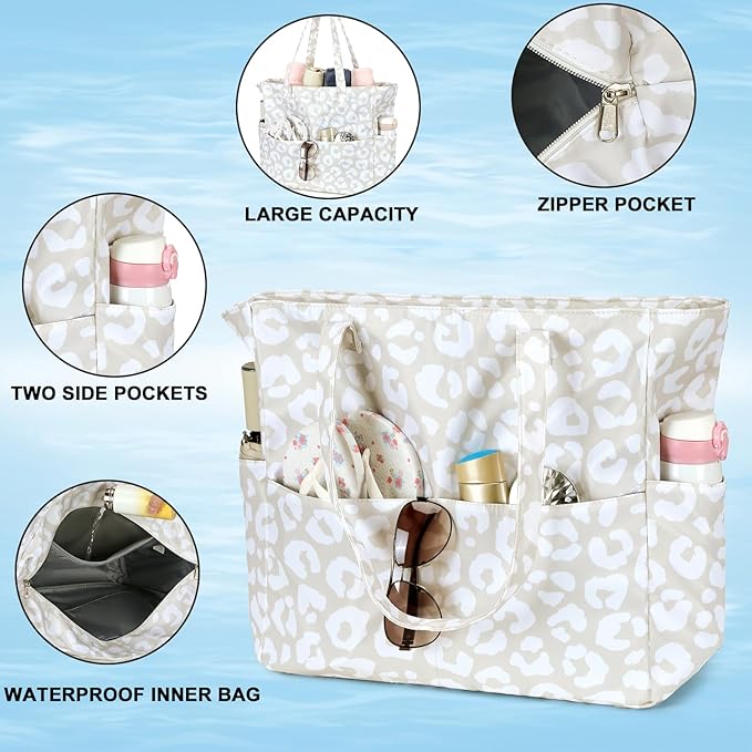 LEDAOU Large Beach Bag Women Waterproof Sandproof Zipper Beach Tote Pool Bag for Swim Gym Grocery Travel with Wet Pocket | Waterproof, Sandproof, Zipper, Pool, Gym, Grocery
