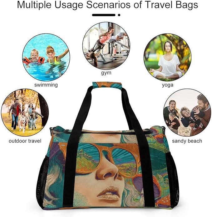 Psychedelic Holiday Mushroom Duffle Bag Gym Bag for Workout Travel Tote with Detachable Straps
