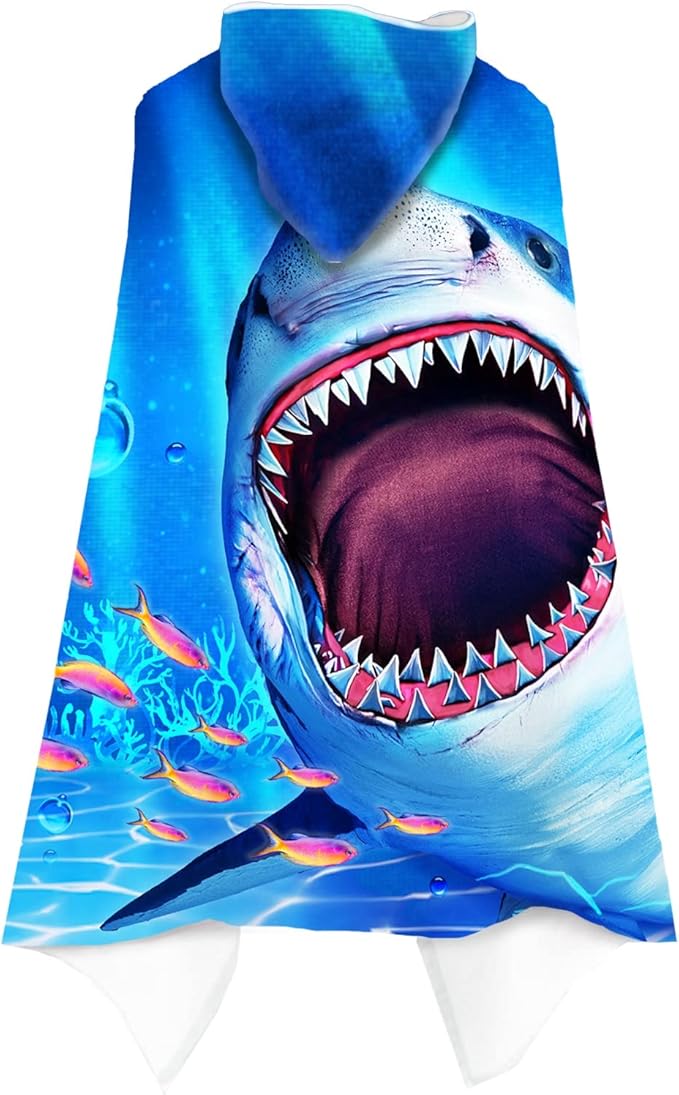 Bonsai Tree Shark Beach Towel, Shark Towel for Kids with Hood, Ocean Fishes Hooded Towel for Boys 30" x 50", Funny Sea Animals Microfiber Absorbent Soft Bath Towel Poncho Bathrobe for Swin Pool
