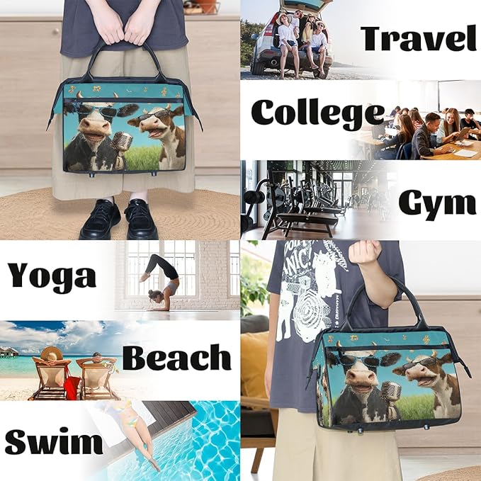 Overnight Weekender Bags for Women Men, Two Music Cows Art Waterproof Travel Carry On Duffel Bag, Lightweight Sports Gym Bag for Fitness, Workout, Travel