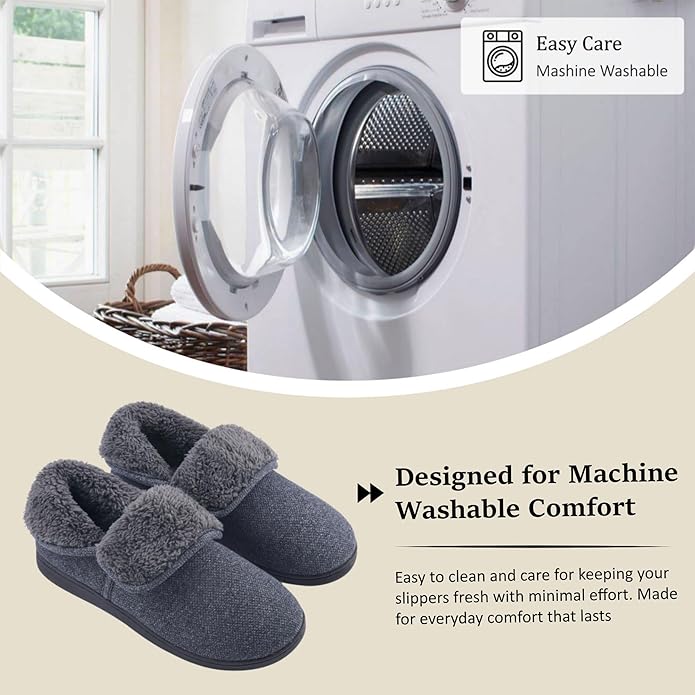 Men’s Knit Bootie Slippers Warm Fold-Over Ankle Collar Plush Fleece Lined Memory Foam House Shoes Cozy Winter Non-Slip Indoor Outdoor Slippers for Men