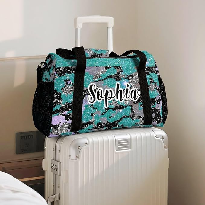 Personalized Teal Blue Camouflage Sequin Print Duffle Bags (Can Store Shoes) with Name for Women Man Custom Travel Perform Training Bags